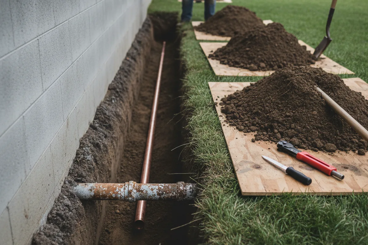 Excavated water line trench during Water Softener Installation in Eliot